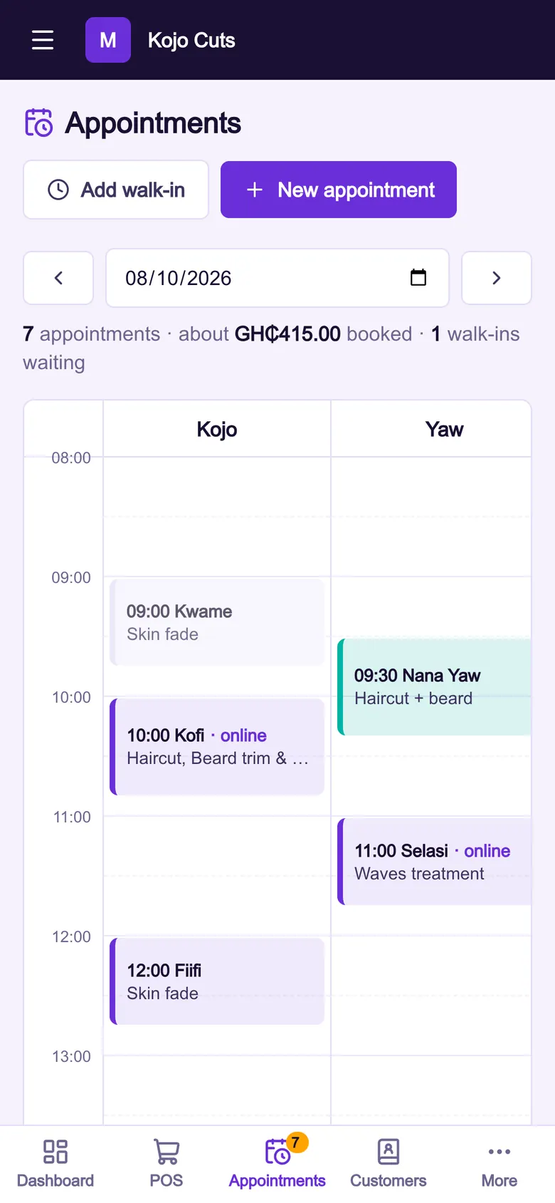 A barbershop's appointments for the day on a phone, with online bookings marked